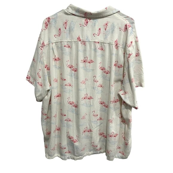 Caribbean Mens Flamingo Print Button-Up LInen Blend Shirt XXL White Pink - Picture 2 of 8